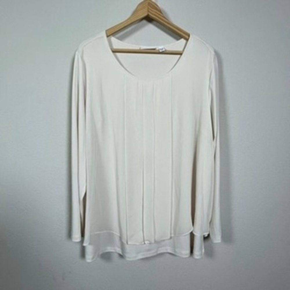 Susan Graver Blouse 1X Ivory Pleated Workwear Office Long Sleeve Layered Top